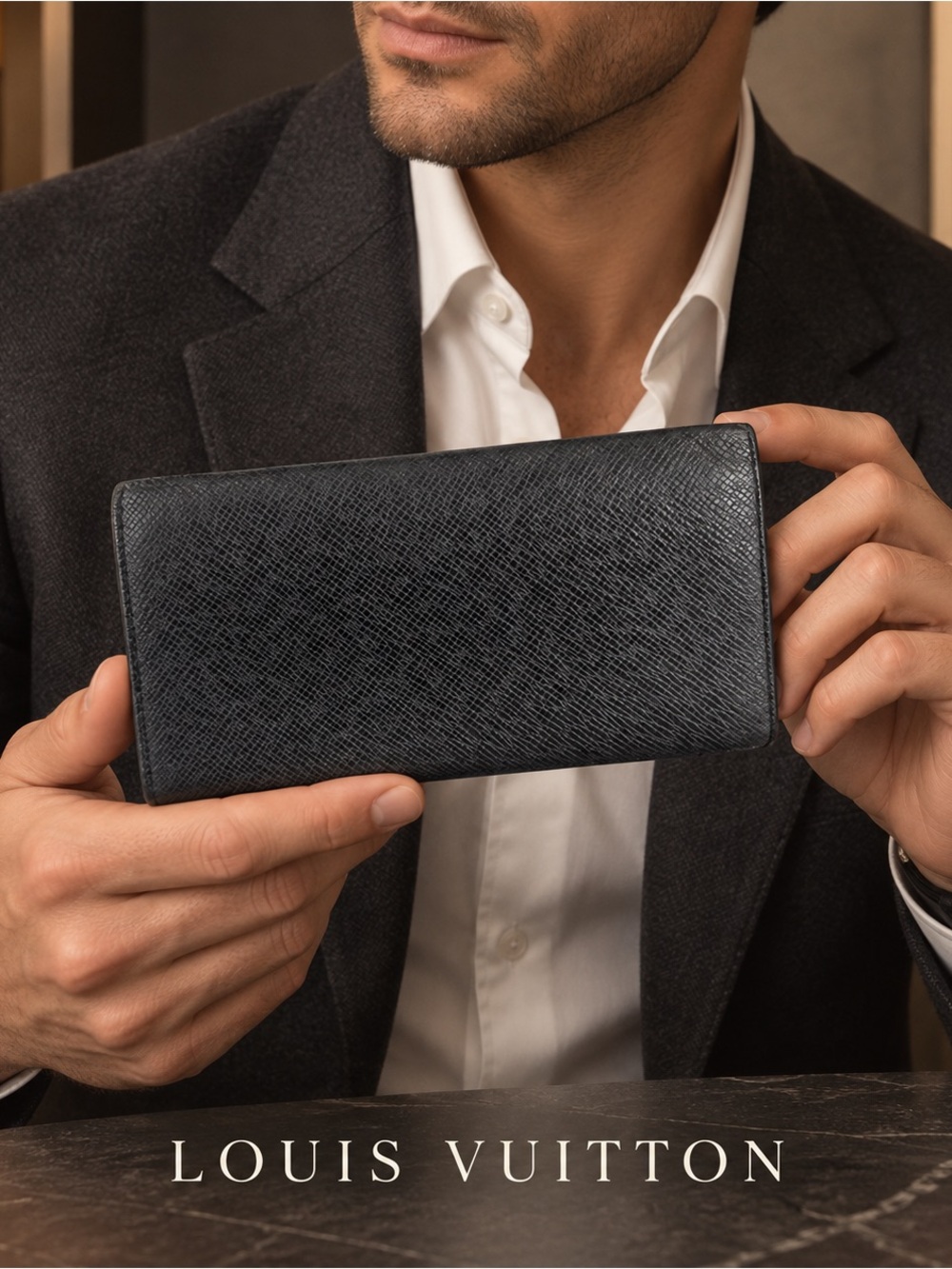 Authentic Louis Vuitton Black Taiga Leather Long Bifold Wallet